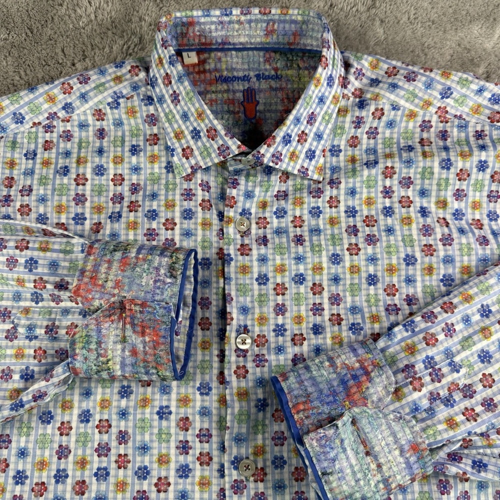 Visconti Black Button Down Shirt Mens L Blue Flip Cuff Floral Print Cotton Modal